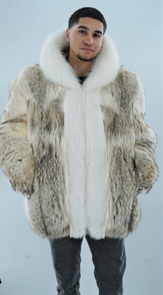 Men's Coyote Fur Jacket White Fox Trim Hood 7778