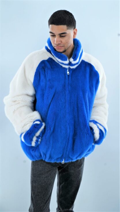 Blue White Mink Fur Men's Varsity Jacket 9988