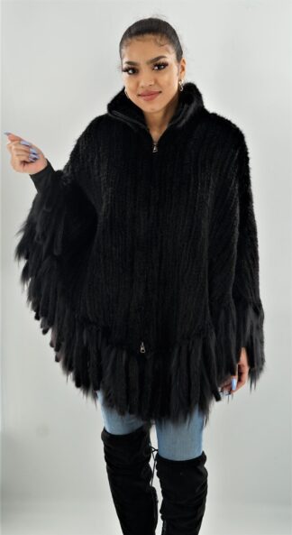 Black Knit Mink Poncho with Fringes 2344