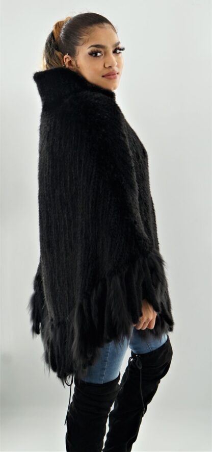 Black Knit Mink Poncho with Fringes 2344 - Image 2
