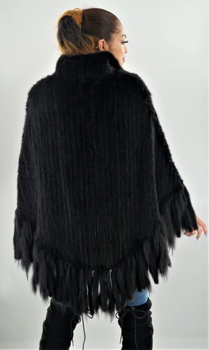 Black Knit Mink Poncho with Fringes 2344 - Image 3