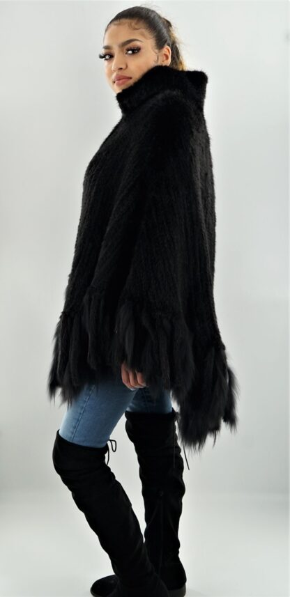 Black Knit Mink Poncho with Fringes 2344 - Image 4