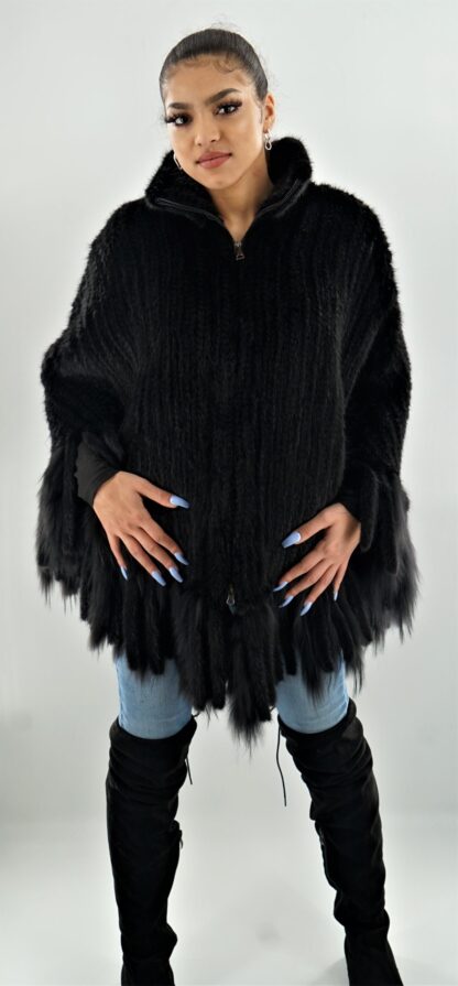 Black Knit Mink Poncho with Fringes 2344 - Image 5