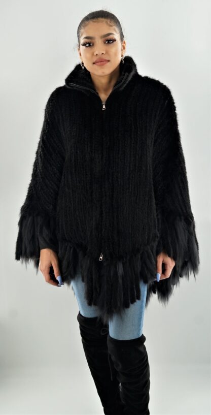 Black Knit Mink Poncho with Fringes 2344 - Image 6