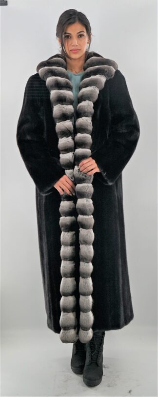Full Length Ranch Mink Coat with Chinchilla Fur Tuxedo Trim Chinchilla Collar Cuffs #01628