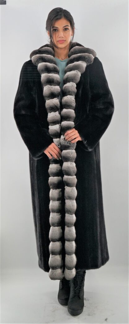 Full Length Ranch Mink Coat with Chinchilla Fur Tuxedo Trim Chinchilla Collar Cuffs #01628