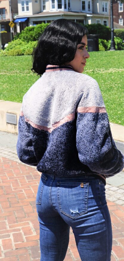 Women's Gray Blue Pink Varsity Shearling Jacket 3737 - Image 3