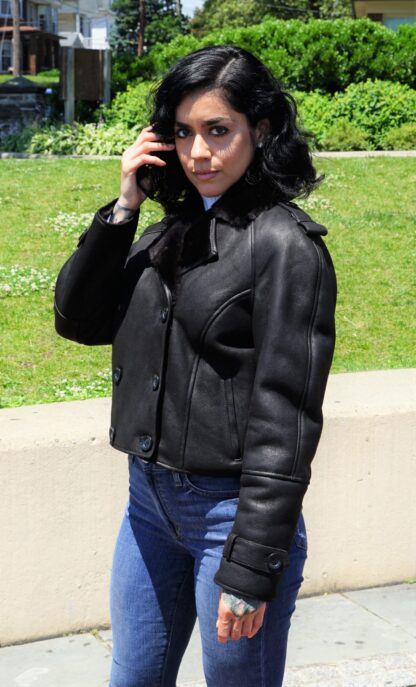 Women's Black Shearling Motorcycle Jacket 3873 - Image 2