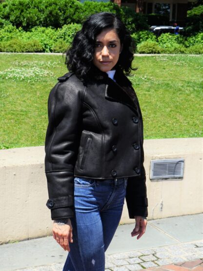 Women's Black Shearling Motorcycle Jacket 3873 - Image 3