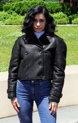 Women's Black Shearling Motorcycle Jacket 3873