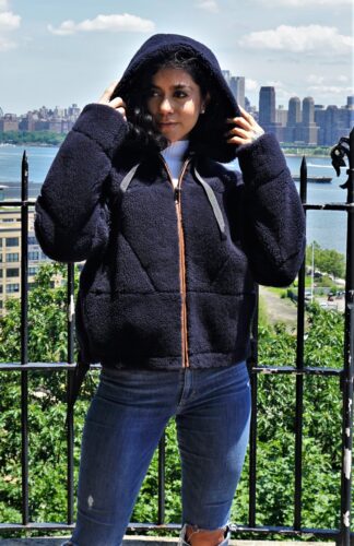 Navy Blue Shearling Jacket Camel Leather Trim 2166