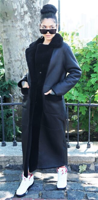 Women's Black Shearling Full Length Coat 4847