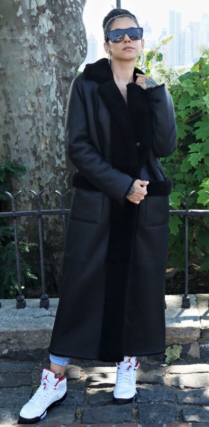 Women's Black Shearling Full Length Coat 4847 - Image 5