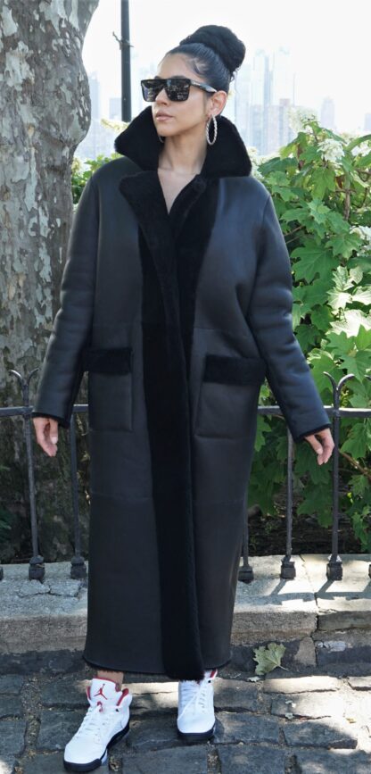 Women's Black Shearling Full Length Coat 4847 - Image 6