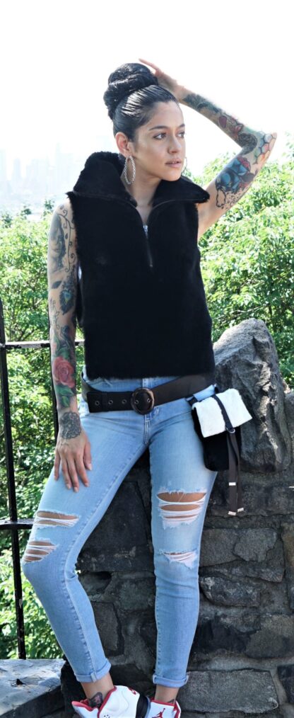 Black Shearling Vest Belt pocketbook Included 4873 - Image 2