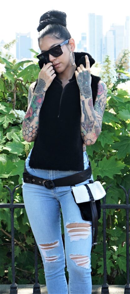Black Shearling Vest Belt pocketbook Included 4873 - Image 4