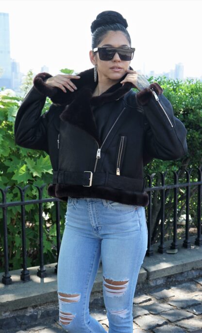 Women's Black Shearling Motorcycle Jacket Brown Shearling Collar 47365 - Image 2