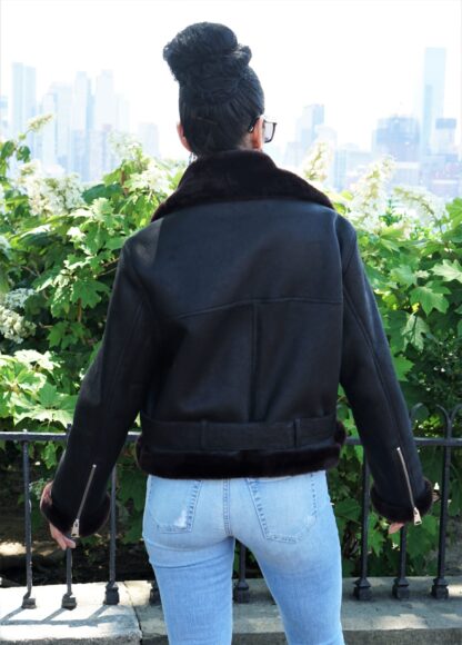 Women's Black Shearling Motorcycle Jacket Brown Shearling Collar 47365 - Image 4