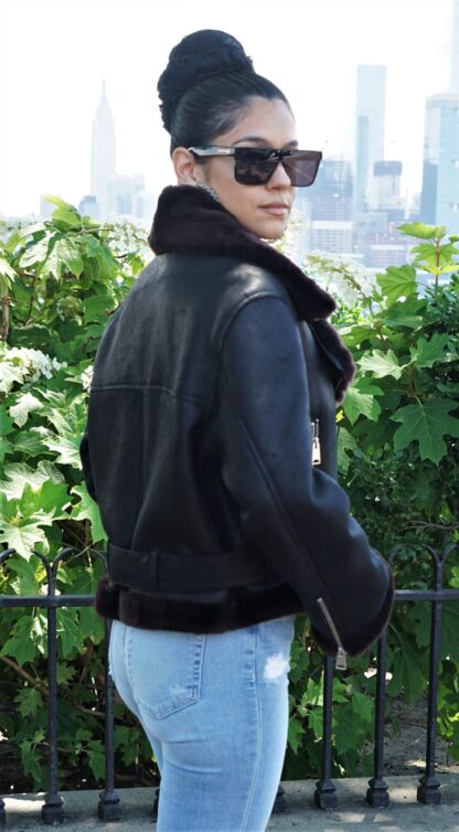 Women's Black Shearling Motorcycle Jacket Brown Shearling Collar 47365 - Image 6