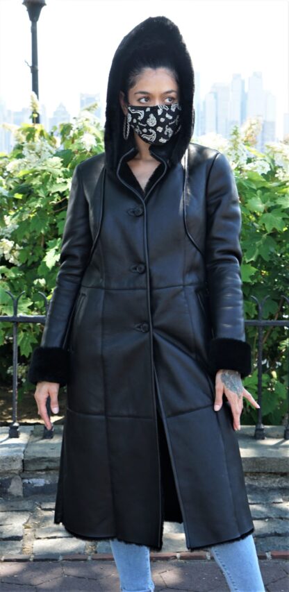 Women's Black Shearling Full Length Coat Detachable Hood 7363 - Image 3