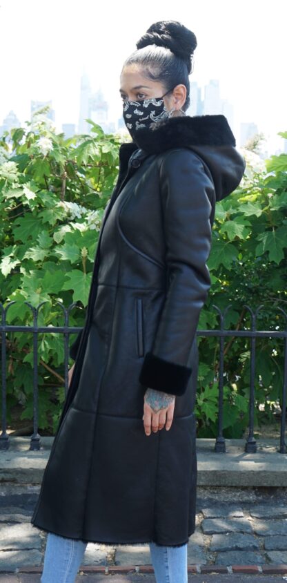 Women's Black Shearling Full Length Coat Detachable Hood 7363 - Image 6