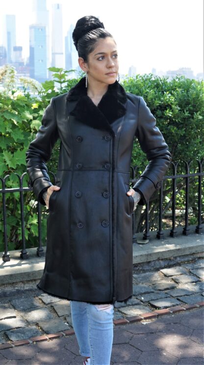 Women's Black Shearling Stroller Notched Collar 23474