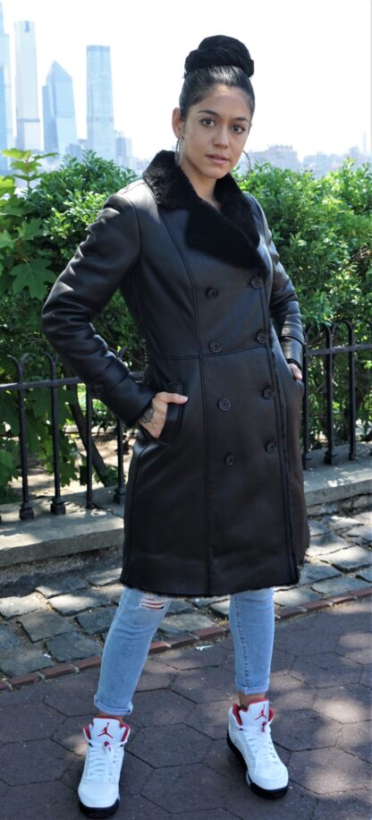 Women's Black Shearling Stroller Notched Collar 23474 - Image 3
