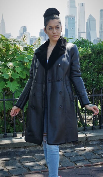 Women's Black Shearling Stroller Notched Collar 23474 - Image 5