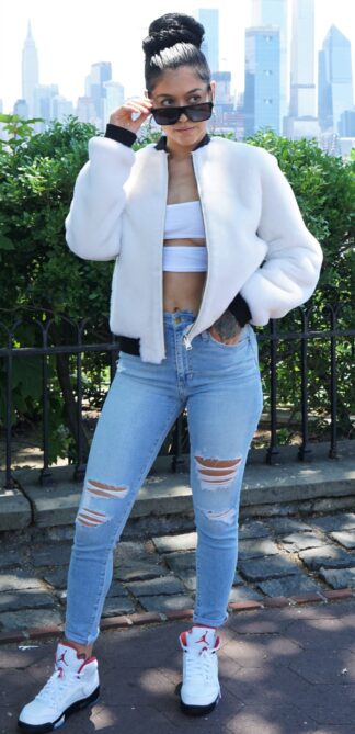 Women's White Shearling Teddy Bear Jacket Knit Trim 7332