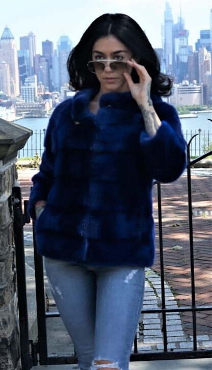 Royal Blue Mink Jacket w Fox Bag 8783 - Image 3