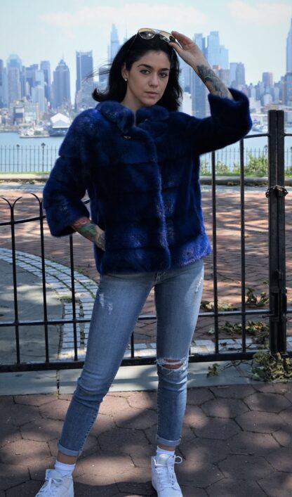 Royal Blue Mink Jacket w Fox Bag 8783 - Image 4