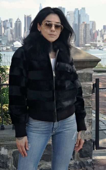 Black Sheared Rex Bomber Jacket Black Fox Collar Knit Trim 3837 - Image 2