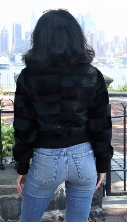 Black Sheared Rex Bomber Jacket Black Fox Collar Knit Trim 3837 - Image 3
