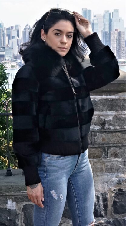 Black Sheared Rex Bomber Jacket Black Fox Collar Knit Trim 3837 - Image 4
