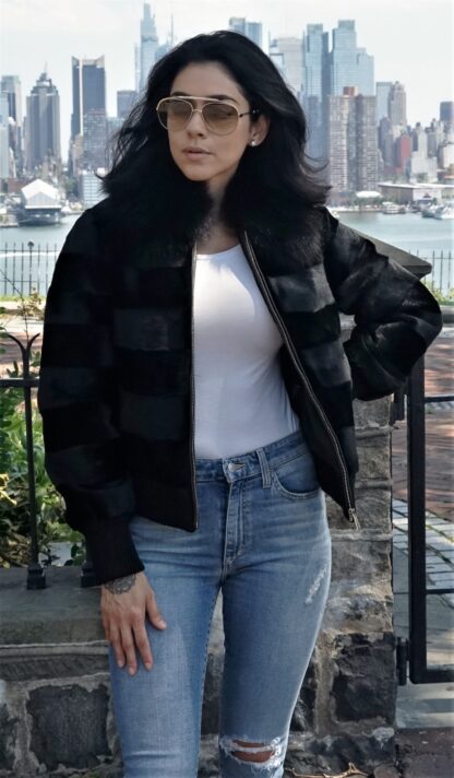 Black Sheared Rex Bomber Jacket Black Fox Collar Knit Trim 3837 - Image 6