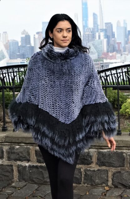 Soft Blue Knit Rex Rabbit Poncho w/ Finnish Raccoon Trim 8473 - Image 4