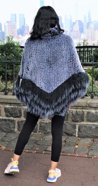 Soft Blue Knit Rex Rabbit Poncho w/ Finnish Raccoon Trim 8473 - Image 3