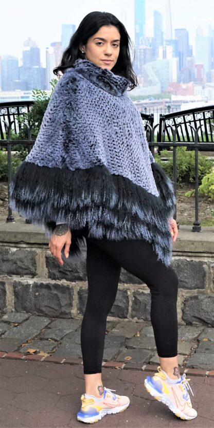 Soft Blue Knit Rex Rabbit Poncho w/ Finnish Raccoon Trim 8473 - Image 2