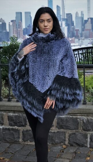 Soft Blue Knit Rex Rabbit Poncho w/ Finnish Raccoon Trim 8473