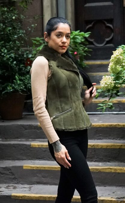 Olive Green Shearling Vest 393837 - Image 4
