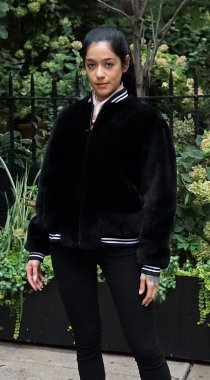 Black Shearling Varsity Jacket Knit Trim 8373 - Image 2