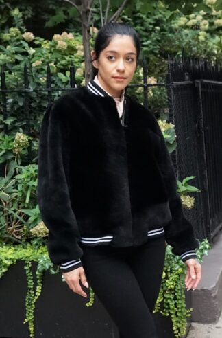 Black Shearling Varsity Jacket Knit Trim 8373