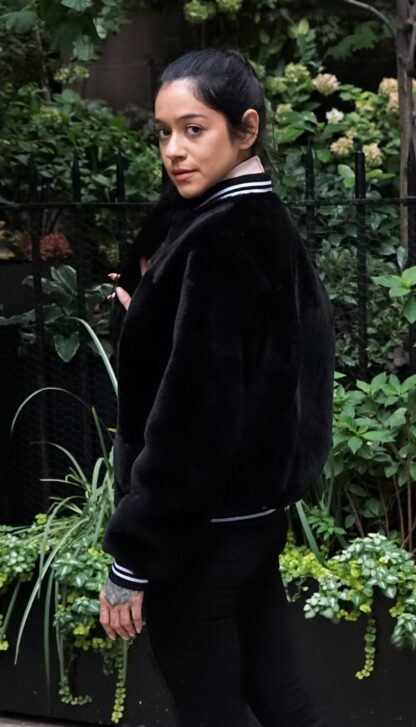 Black Shearling Varsity Jacket Knit Trim 8373 - Image 4