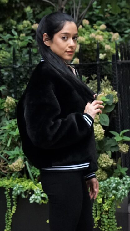 Black Shearling Varsity Jacket Knit Trim 8373 - Image 6