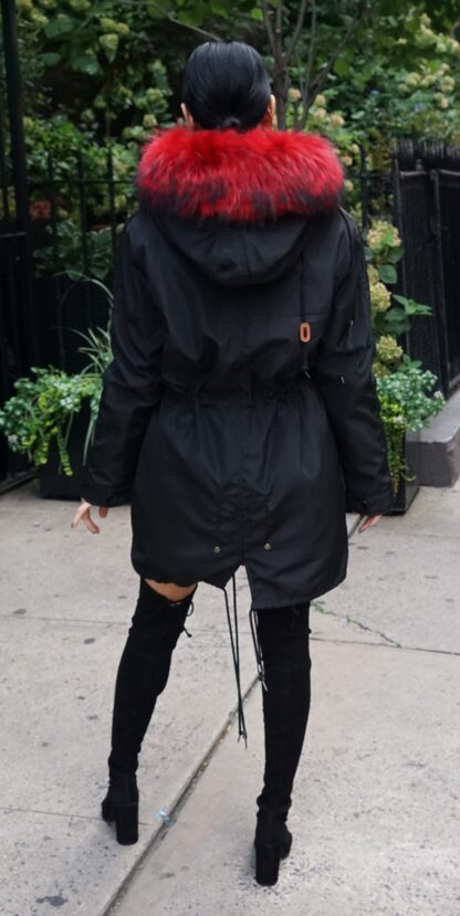 Black Poplin Jacket Red Fur Lined Hood 8373 - Image 3