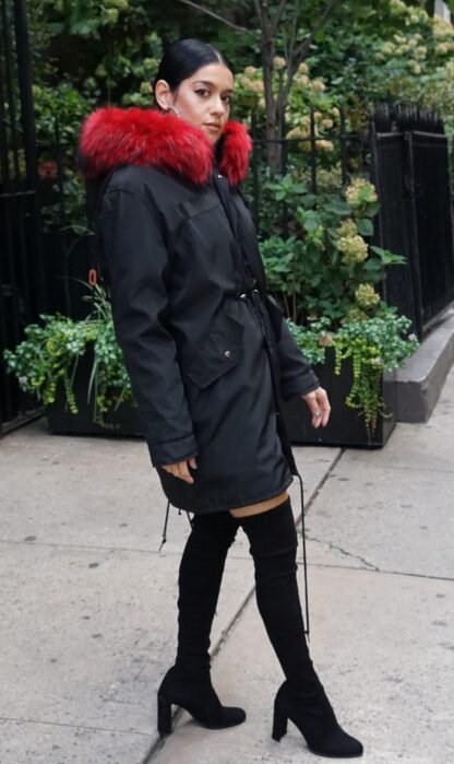 Black Poplin Jacket Red Fur Lined Hood 8373 - Image 4