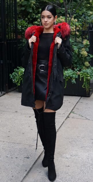 Black Poplin Jacket Red Fur Lined Hood 8373