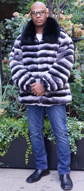 Men’s Chinchilla Dyed Rex Rabbit Jacket Fox Collar 8838
