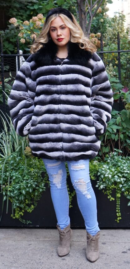 Plus Size Rex Rabbit Jacket Dyed Chinchilla Fox Collar 38272 - Image 2
