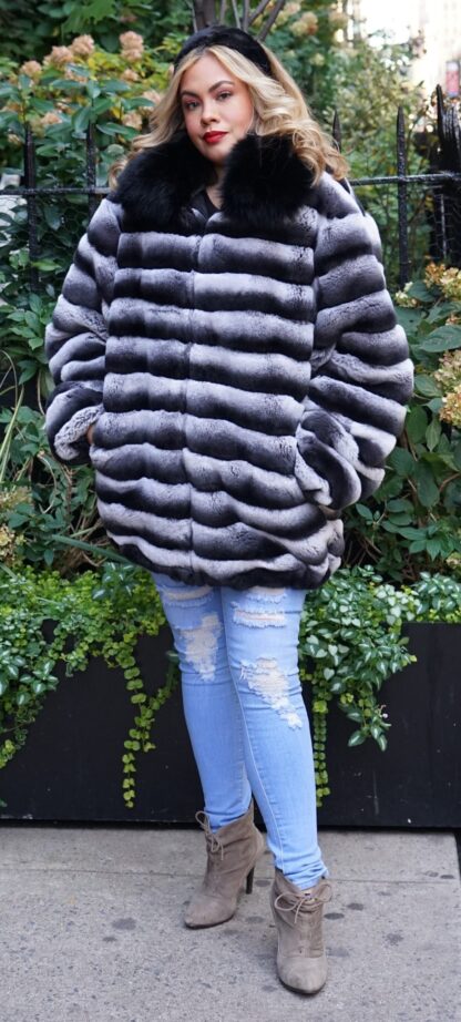 Plus Size Rex Rabbit Jacket Dyed Chinchilla Fox Collar 38272 - Image 3
